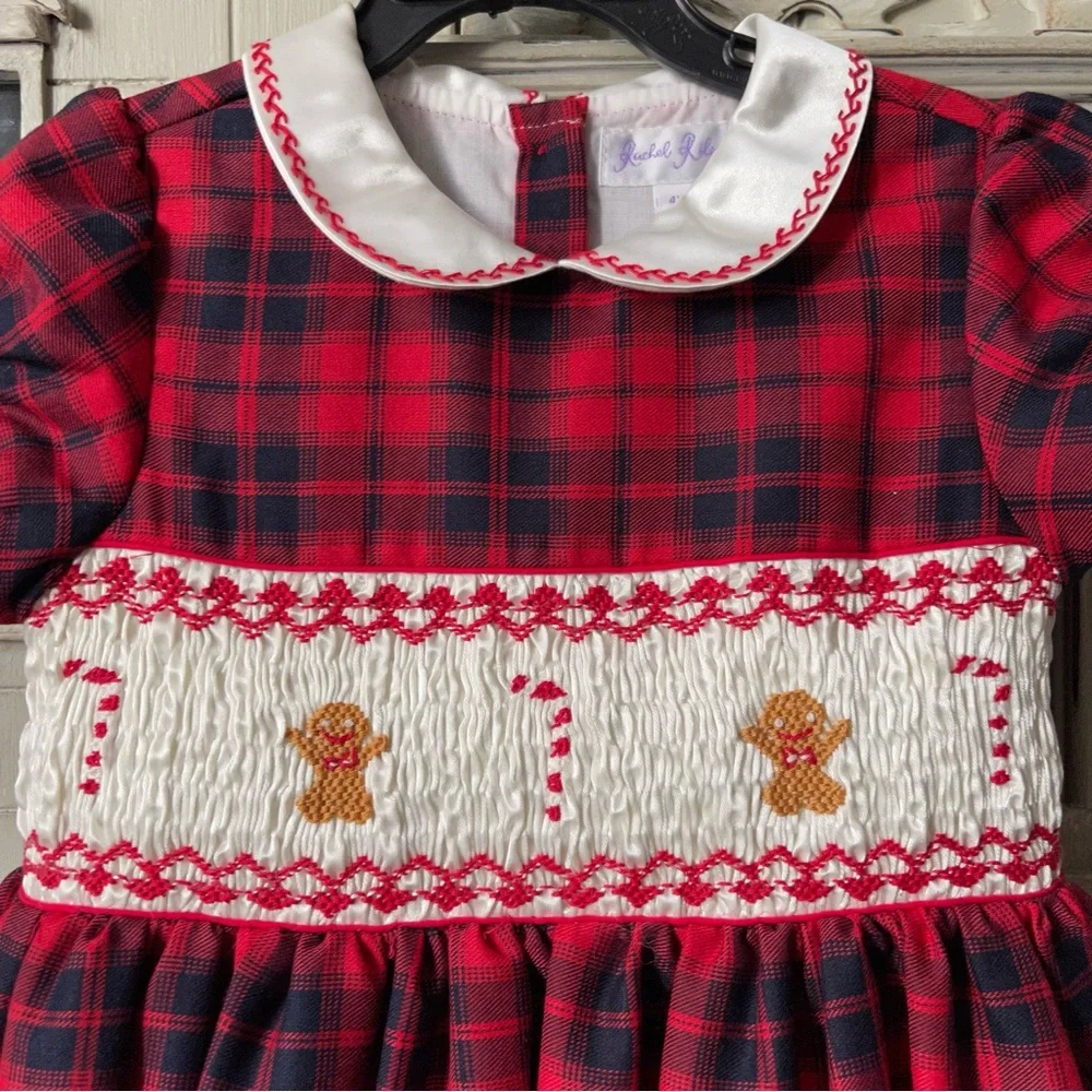 Rachel Riley Girls Gingerbread Tartan Puff Sleeve Smocked Holiday Dress, Red - Picture 8 of 15